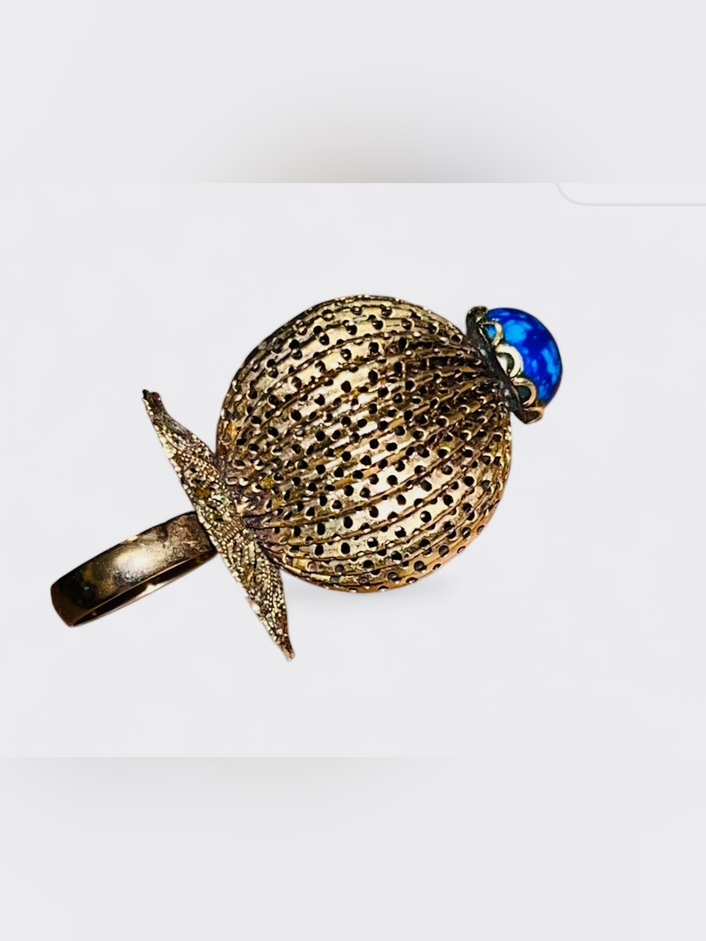 Vintage Gold Toned Orb Statement Ring with Blue Cabochon